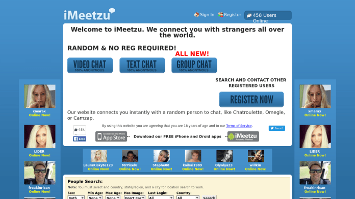 iMeetzu iMeetzu and Omegle Random Chat are both anonymous chat websites that pairs users with strangers for conversations like Random Chatroulette.
